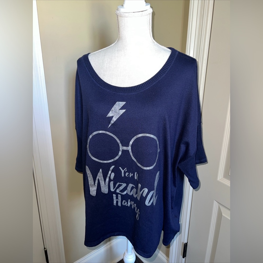 Harry Potter Womens Blue Short  Sleeve  Sweater Yer A Wizard Harry Size 2X